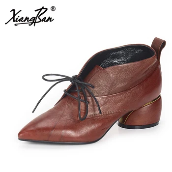 

Xiangban fashion pointed toe genuine leather women ankle boots thick high heeled shoes lace up 50128