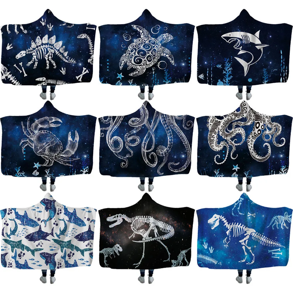 Dinosaur Octopus Printed Hooded Blanket Soft Home With Cap Warm Wool Velvet Camping Travel Anime | Дом и сад