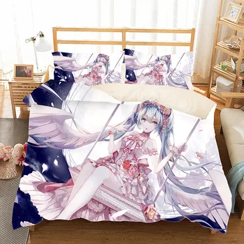 

Japanese Anime Magical Mirai Hatsune Miku Bedding Set Bedcover Pillow Case 3PCS girls duvet cover sets cartoon white bedclothes