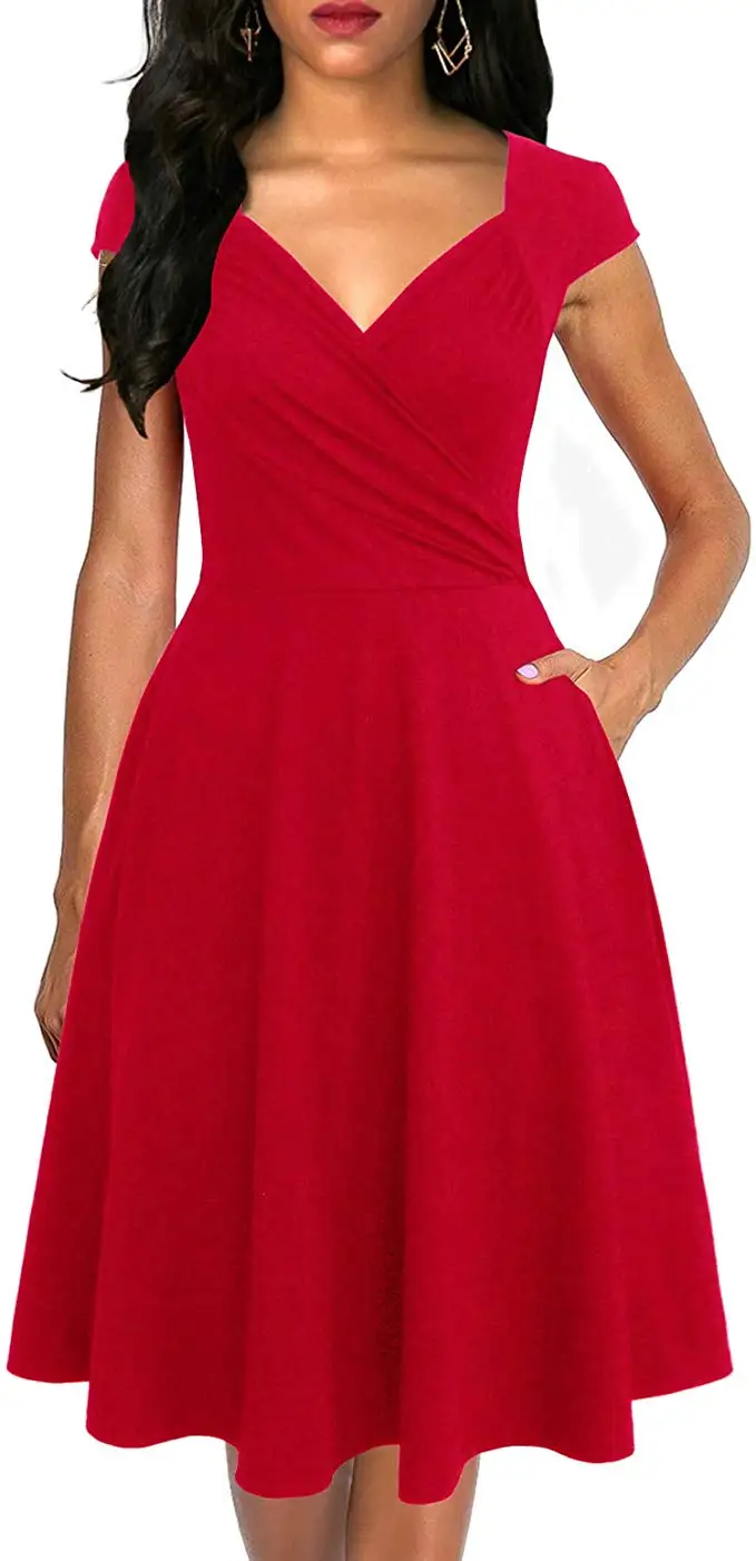 Solid Red Berydress, женское платье с коротким рукавом и рюшами, в горошек, а-силуэт, пышное, свободное, приталенное, Vestidos, для свадьбы, вечеринки, летнее, расклешенное платье с карманом - Цвет: Solid Red