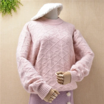 

Women ladies casual base clothes long sleeves mink cashmere knitted angora rabbit fur sweater pullover loose jumper pull femmn