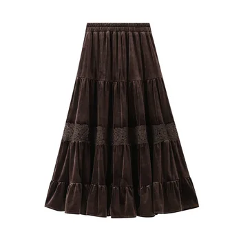 

Winter Thick Velet Lace Patchwork Long Boho Skirts Cakee Metallic Pleuche A-line Calf Long Skirts