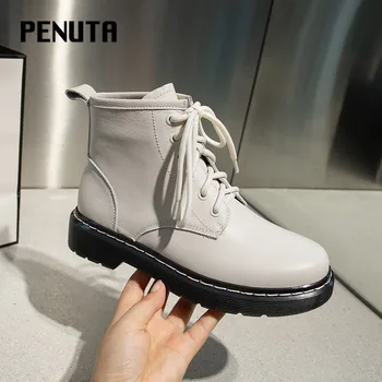 

2020 Military Boots Women Round Toe Genuine Leather Martin Boots Lace Up Women's Winter Shoes Hot Sell Ankle Booties Beige D0114