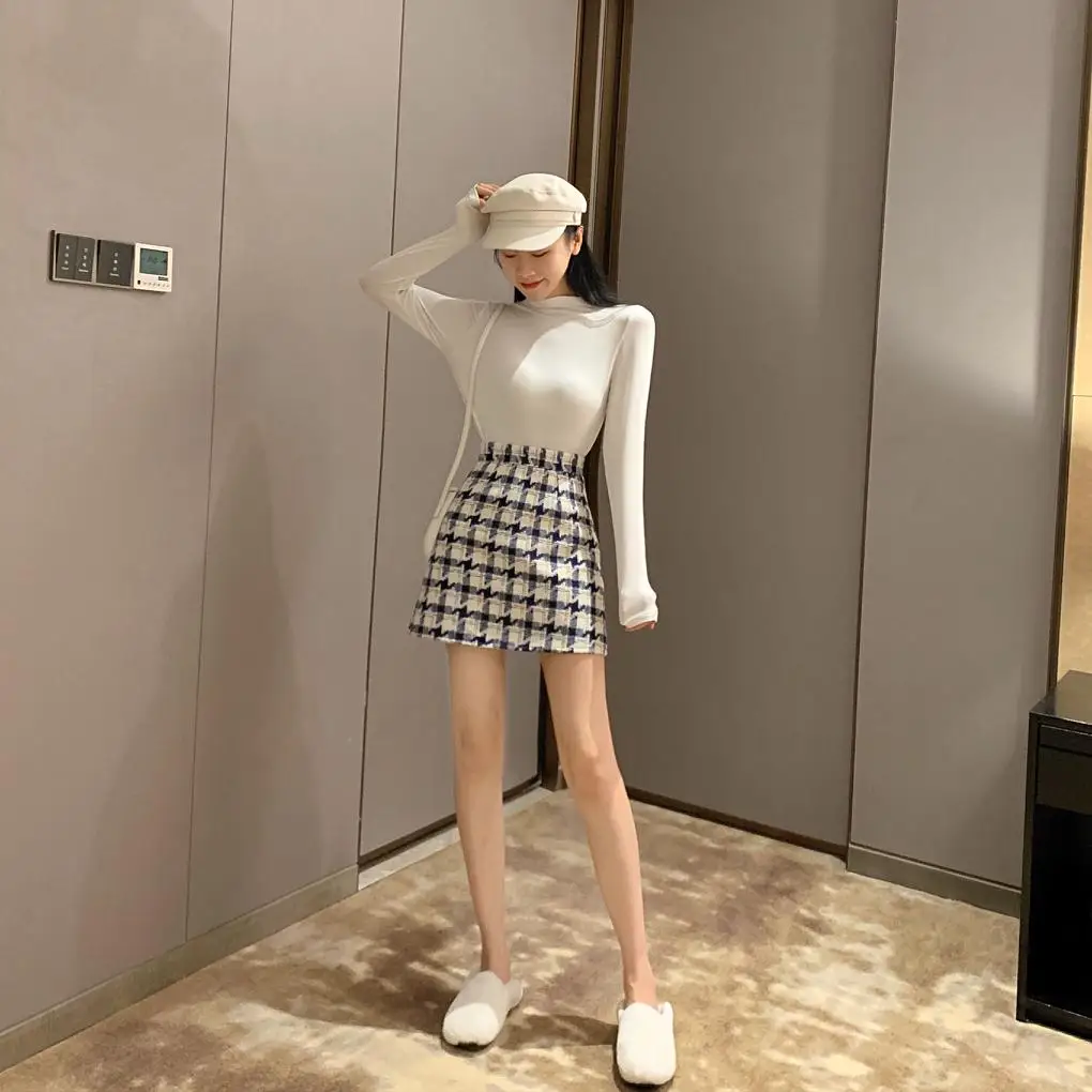 Houndstooth Plaid Skirts Women Vintage Autumn Short Wool Skirts Mini Korean Zipper Pencil Skirts Sexy Zipper High Waist W099