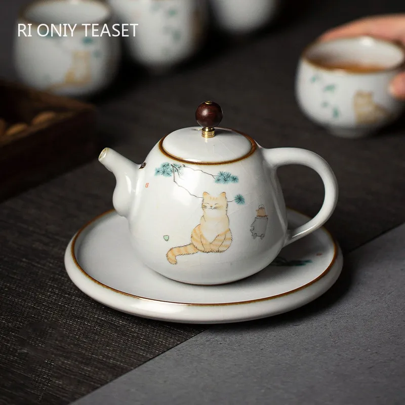280ml Traditional Ru Kiln Ceramic Teapots Handmade Cute Cat Pattern Kettle Travel Portable Filter Tea Pot Home Set Drinkware | Дом и сад