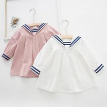 WLG/повседневные платья для девочек; детское платье в полоску с длинными рукавами и матросским воротником; цвет белый, розовый; осенняя одежда для маленьких девочек