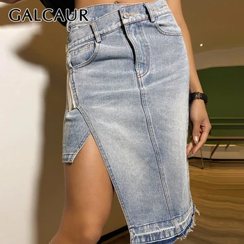 

GALCAUR Asymmetric Denim Skirts Women High Waist Irregular Casual Large Size Midi Skirt For Female 2020 Fashion Clothes Tide