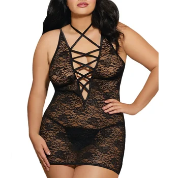 

Bandage Sexy Deep V G-String Hollow Out Lady Sleep Dress Women Lingerie Lace Sleepwear Solid Nightgown