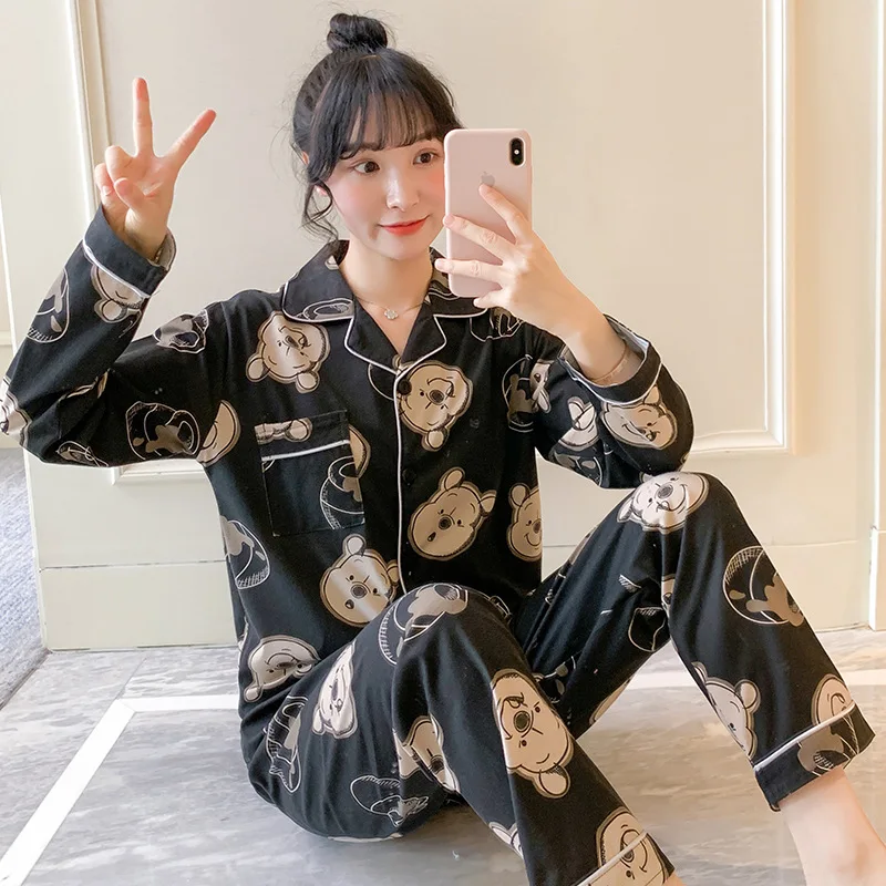 

[Temperature Attitude Warm] Korean-style Spring Women's Cotton Fold-down Collar Printed Long Sleeve Trousers Loose Tracksuit Two
