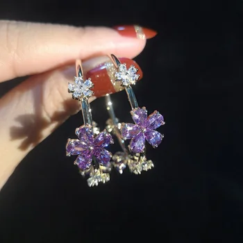 

S925 Silver Ear Post Charm Flower Hoop Earrings Red Purple Zircon CZ Circle Earrings for Women Wedding Jewelry