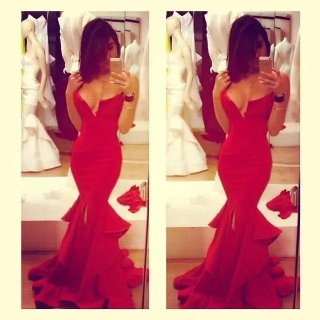 

Stunning robe de soiree 2018 slits out tiered sexy red mermaid party prom gown ruffles vestido de noiva bridesmaid dresses
