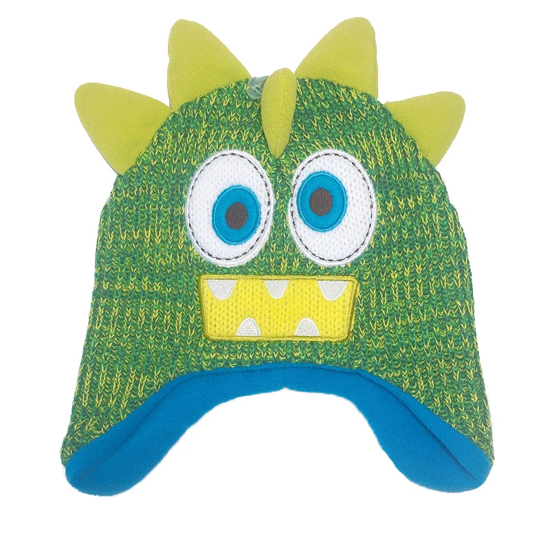 2021 autumn and winter new small dinosaur shape children knitted Warm hat plus polar fleece ear caps for boys and girls  cap navy blue bomber hat