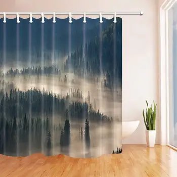 

3D Digital Printing Fog Pine Trees Forest Shower Curtain Resistant Polyester Fabric Bathroom Decorations Bath Curtains Hooks