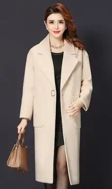 Beige Новое модное шерстяное пальто женское длинное стильное пальто с воротником Женский Одноцветный верхняя одежда прямого кроя с карманами M-4XL - Цвет: Beige