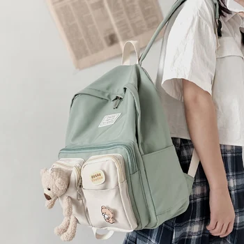 

Student Girl Kawaii Backpack Fashion Ladies Book School Bag Harajuku Women Nylon Backpack Cute Badge Female Bear Bag College New