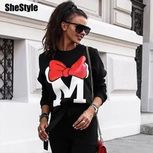 Shstyle, Осень-зима, большие размеры, Мультяшные толстовки для женщин,, с бантом, с принтом, повседневные, свободные, минимализм, с круглым вырезом, черные, серые, толстовки для девушек