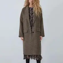 ZA осенне Зимняя шерстяная ттвидовая куртка Женская длинная стильная винтажная клетчатая Повседневная Женская ветровка верхняя одежда шерстяной Тренч Женская парка
