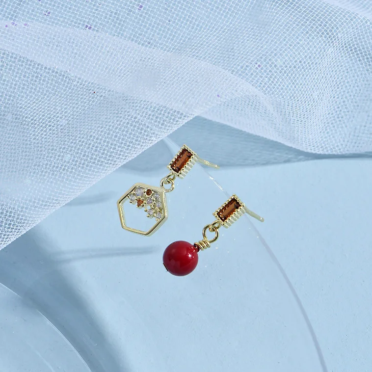 red bead hollow CZ asymmetric earring woman 100% 925 Sterling silver Jewelry fashion Hypoallergenic Stud earrings for women girl
