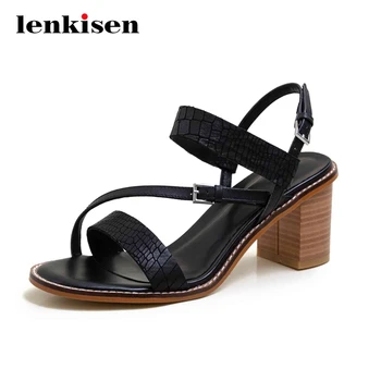 

Lenkisen new western style stone pattern plus size full grain leather peep toe high square heels buckle straps women sandals L08