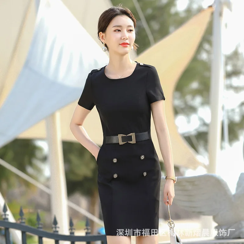 

2020 Spring And Summer New Style Slim Fit Slimming Short Sleeve Crew Neck Professional Dress Elegant Waist Hugging Single Color