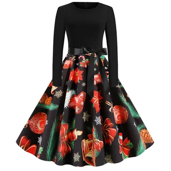 

Winter Women Christmas Dress Black Long Sleeve Patchwork Vintage A-Line Party Dress Casual Elegant vestidos Robe Femme Plus Size