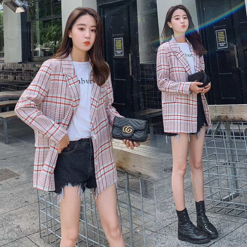 

CHIC Small Suit Coat Women's Korean-style Loose-Fit 2019 Spring And Autumn New Style Hong Kong Style Retro Plaid Suit South Kore