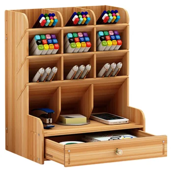 

Wooden Pen Holder Storage Box Large Capacity Creative Fashion Simple Multi-Divided Pen Holder Office Desktop Storage Shelf (Cher