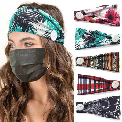 metal hair clips High Quality 2 Pcs/Set Headband Button with Face Mask Women Yoga Sports Elastic Headband Cloth Turban Head Wrap Hair Bandanas Women's Hair Accessories