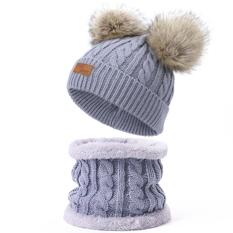 I Детский комплект из шапки и шарфа, зимние однотонные шапочки Skullies с двойным помпоном из искусственного меха, высокое качество, вязаное кольцо для шляпы, шарф, шапка - Цвет: I