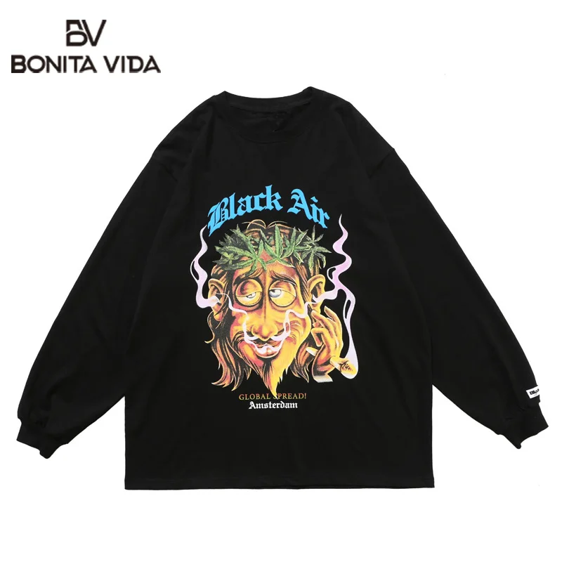 

Bonita Vida Creative Print Casual Loose Long Sleveve Tshirts Men Streetwear Harajuku Cotton Hip Hop Fashion Tees Shirts Tops
