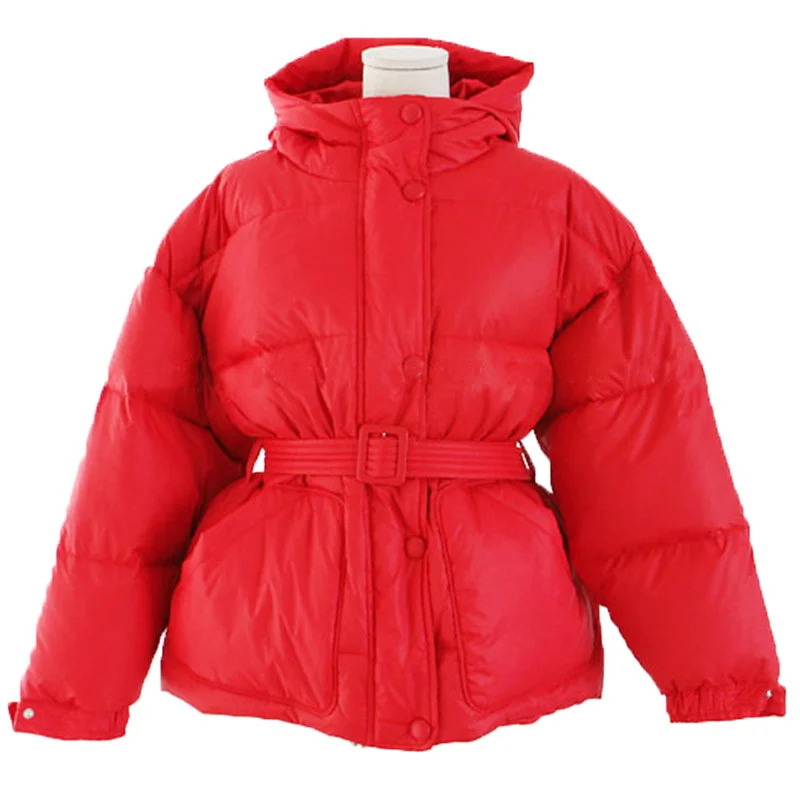 Женская зимняя куртка с поясом модные парки с капюшоном Mujer зимние пальто пуховая хлопковая куртка женская верхняя одежда зимнее пальто для женщин C5883 - Цвет: red coat