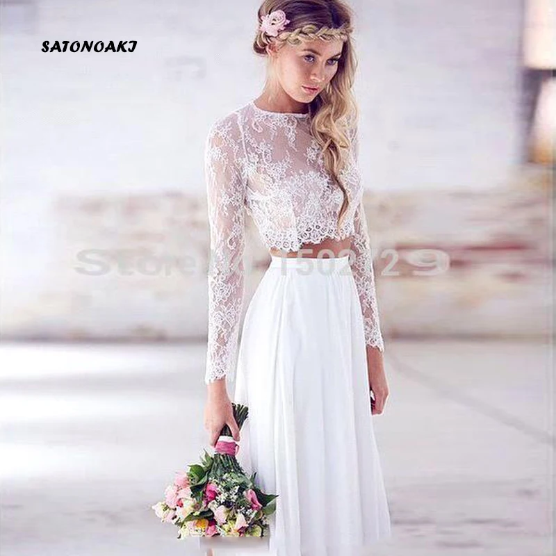 

SATONOAKI Bohemia Beach Chiffon Wedding Dresses Two Pieces Long Sleeves Lace Floor Length Summer Beach Wedding Bridal Gowns