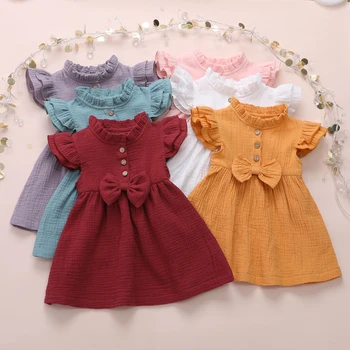 

2020 New Princess Toddler Kids Girl Dress Solid Linen Button Ruffle Sleeve Bow Party A-Line Dress Summer Clothes 1-6Y