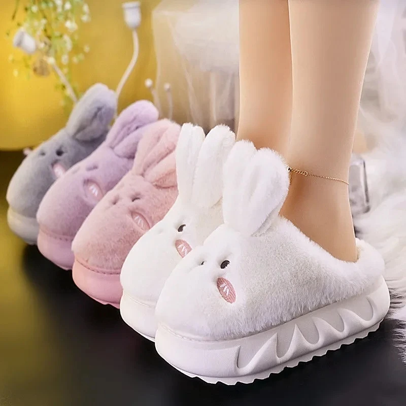 

White Rabbit Hare Slippers Women's Cute Animal Platform Home Mules Shoes Girls Bedroom Plush Slides Slipper Ears Indoor Shoes