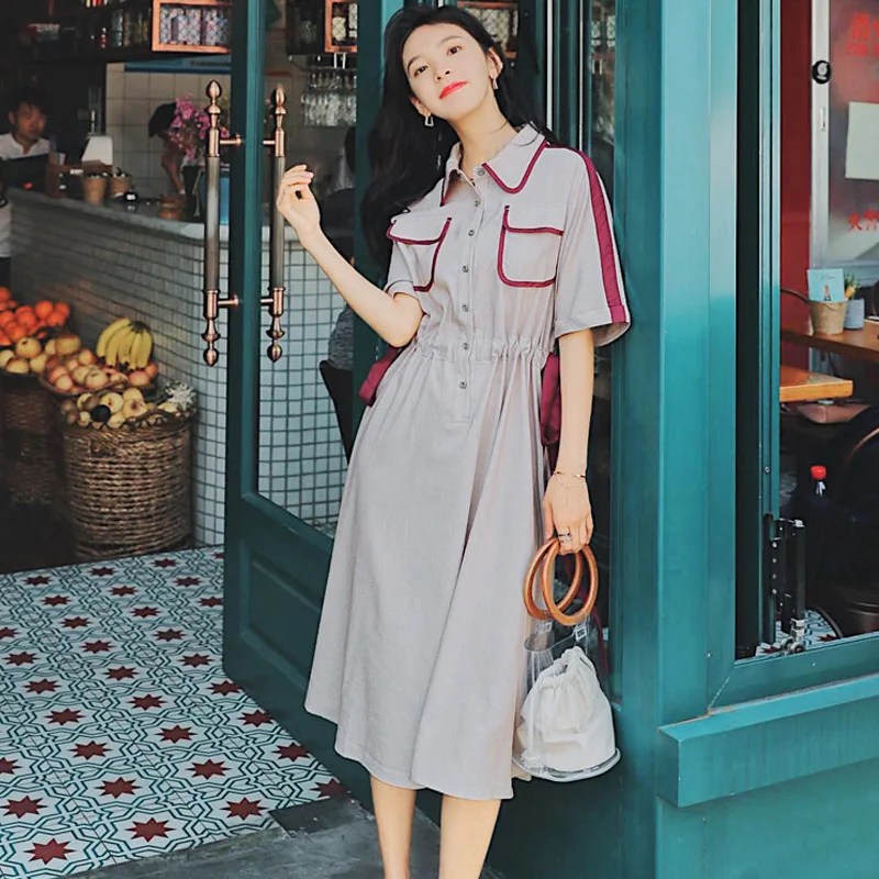 

2019 Summer Lace-up Medium-length Shirt Dress Contrast Color Waist Hugging Retro Dress College Style Elegant Big Skirt Women's S