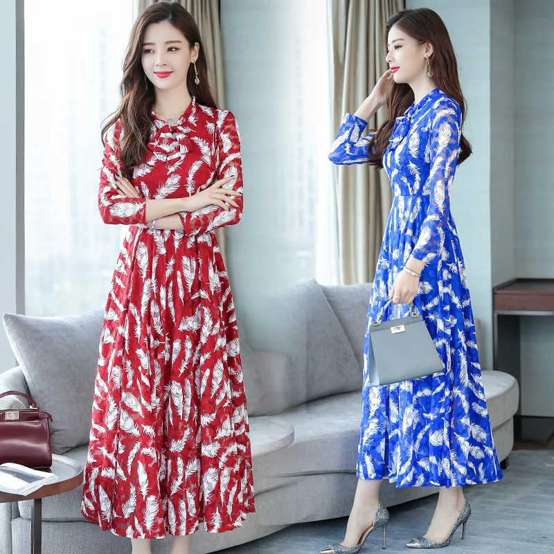 

2018 Autumn And Winter New Style Korean-style Top Grade Lace Long Sleeve Slim Fit Slimming Mid-length Dress Women's Fashion