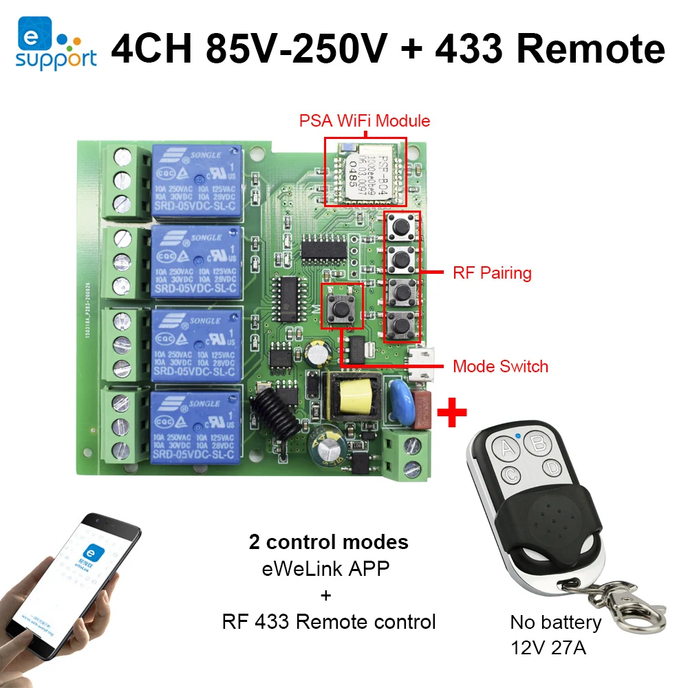 4CH EWelink Wireless Switch,WiFi Switch Module,EWelink APP,Remote Control,DIY Smart Home,4Gang Relay,work with Alexa Google Home 