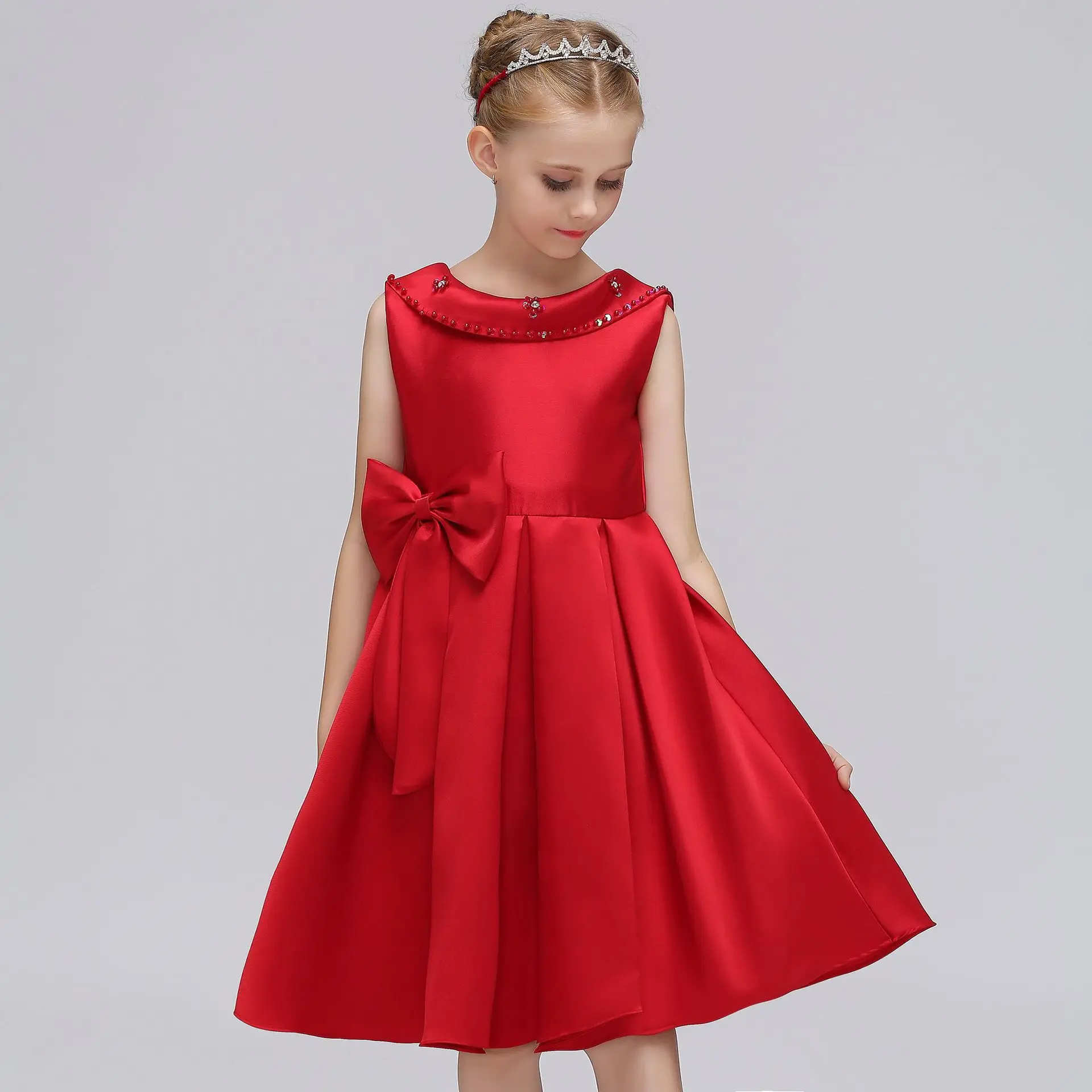 Europe And America New Style Flower Beads Formal Dress Flower Boys/Flower Girls Exposed Back off-Shoulder Dress Bow Princes