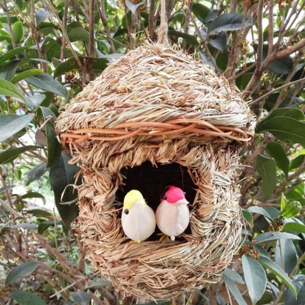Natural Handwoven Straw Hanging Bird Nesting Boxes Box Birds Cage Birdhouse Crafts Decorative Garden Patio Tree for Home Garden