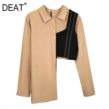 

DEAT 2020 New Spring Summer Fashion Turn-down Collar Camisole Panel Irregular Loose Open Navel Long-sleeved Shirt Women SB620