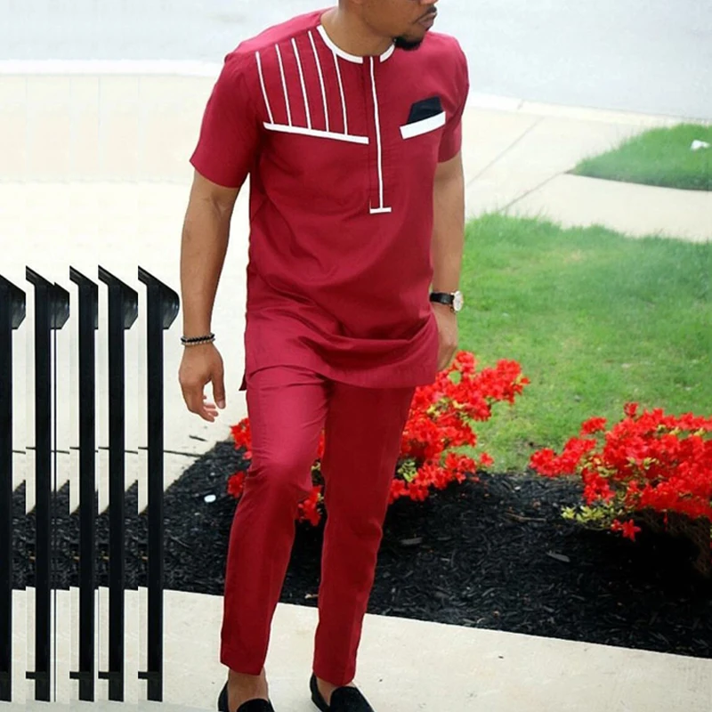 

H&D African Men Clothes Suit Short Sleeve t Shirt Pants Set Traditional Attire White Embroidery Red camisa africana masculina