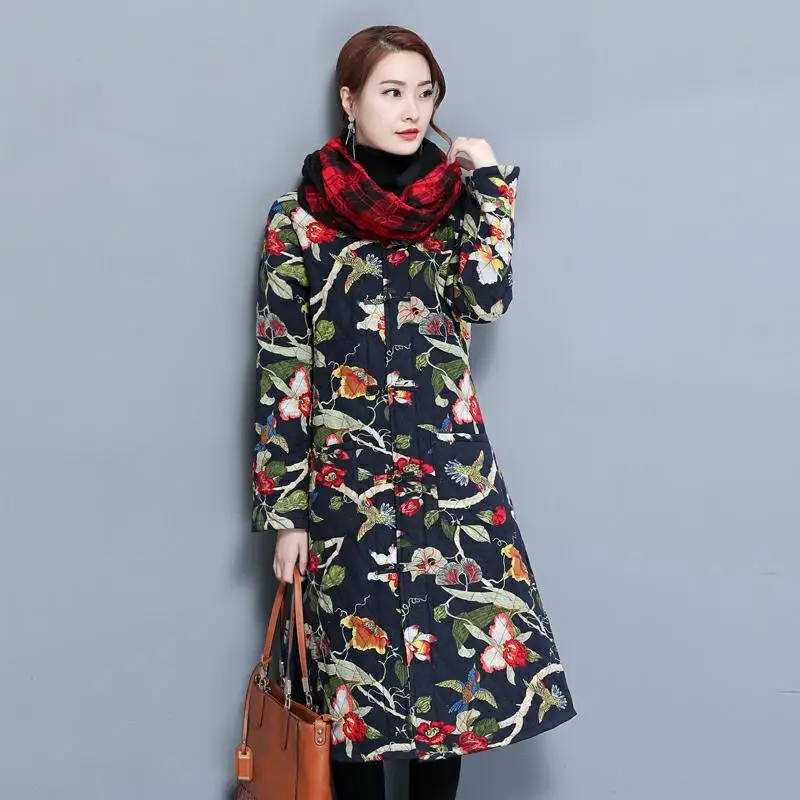 

2017 Winter New Style Large Size Printed Ethnic-Style Mid-length Frog Long Sleeve Cotton-padded Clothes Cardigan Coat Fr8396