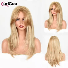 Długie proste blond damskie peruki z grzywką naturalne faliste żaroodporne peruki syntetyczne dla kobiet Lolita Cosplay CurlCoo tanie tanio Włókno odporne na wysoką temperaturę long CN (pochodzenie) Codziennego użytku 150 średni rozmiar Ombre Blonde Straight Hair Wigs