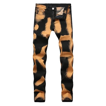 

Men Casual Straight Foot Motorcycle Pants Fashion Men Hip Hop Jeans Washed Gold Printed Jeans Fashion Jeans Men Dropshipping