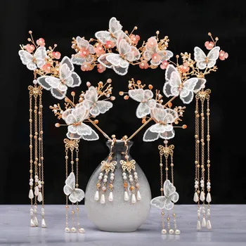 

New Chinese Hanfu Dress Hairpins Clips Hair Combs Ear Clips Jewelry Set Butterfly Flower Step Shake Long Tassel Headpieces