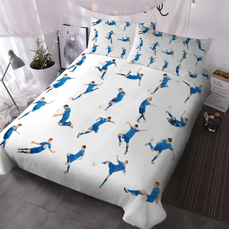 

HM Life Bed Set 3D Blue Soccer Ball Printed Sports Bedding Set for Teens Kids Quality Microfiber Fabric 3 Pcs Duvet Cover Set