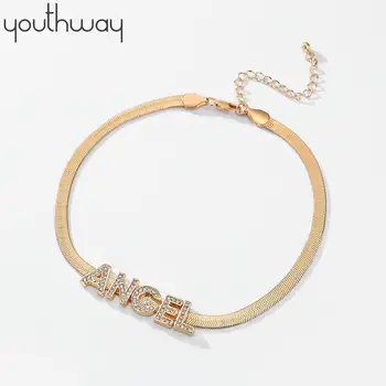 

CUSTOMIZE necklace shiny bling rhinestone paved letter name word necklace DIY Flat snake chain choker necklace birthday gift