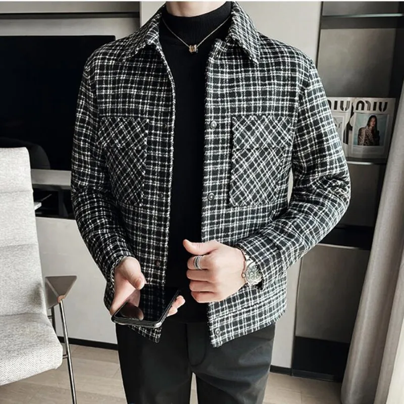 New Autum Winter Wool Blends Jacket Men Thick Plaid Casual Business Trench Coat Fashion Short Slim Social Overcoat Windbreaker
