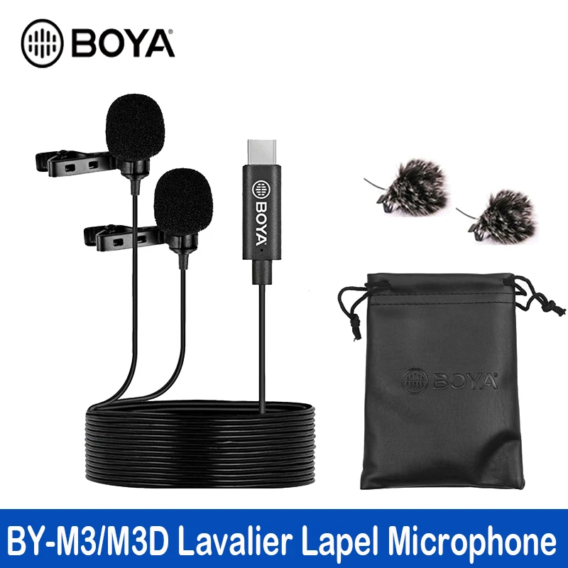 

BOYA BY-M3D Microphone Dual Head Lavalier Lapel Condensador Microfone Mic with 6 Meters Cable Compatible with Type-C Interface