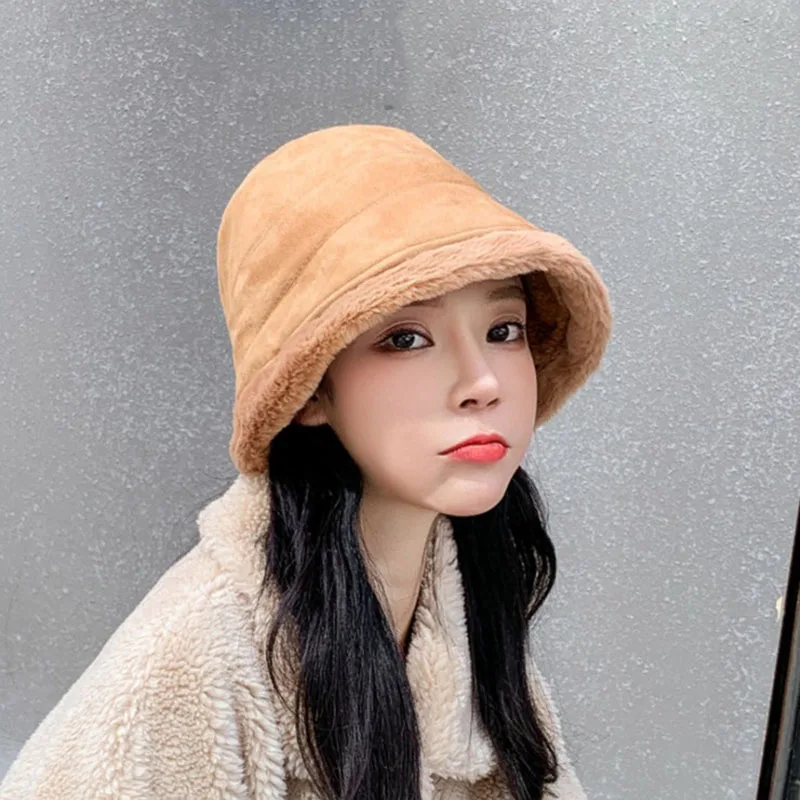 Fashion Winter Faux Fur Bucket Hats for Women Girl Solid Color Plush velvet Warm Panama Black White Fisherman bucket Hats Bob